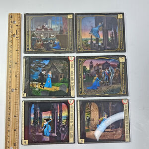 Antique C.T. Milligan Magic Lantern Slides Set of 6 Hand Colored Glass...
